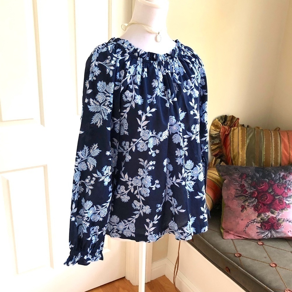 J. Crew Factory Blue Floral Long Sleeve Cotton Top, Ruffled Neck & Cuffs (S)